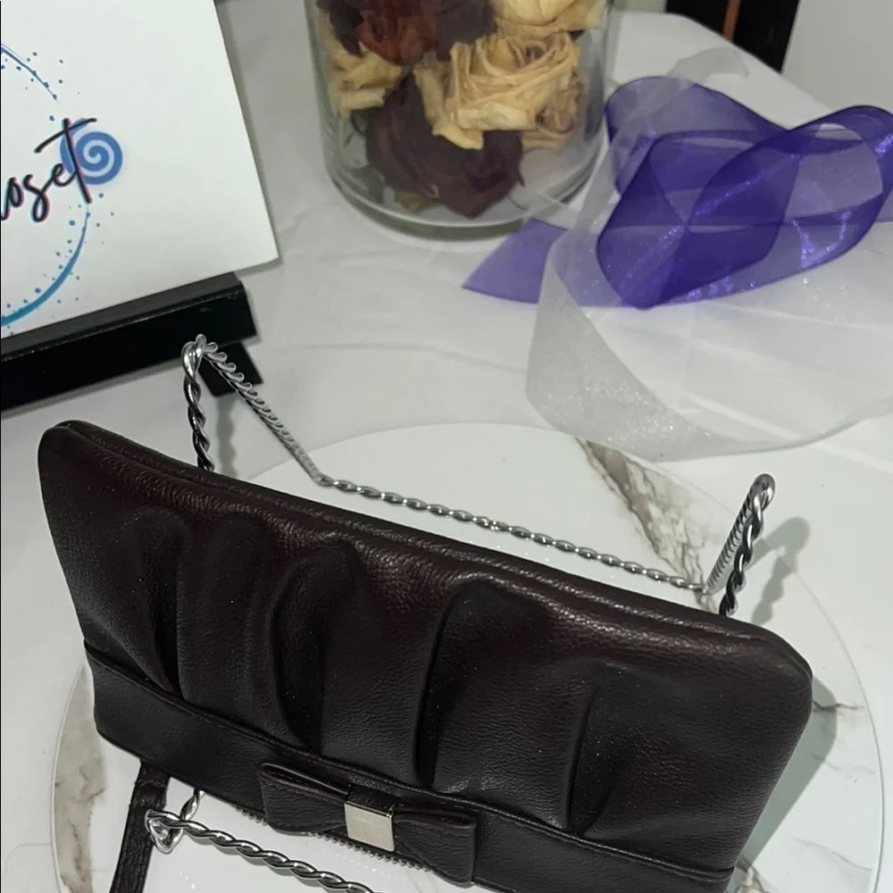 Apt. 9 Brown Leather Clutch with Bow Detail and Wristlet Strap